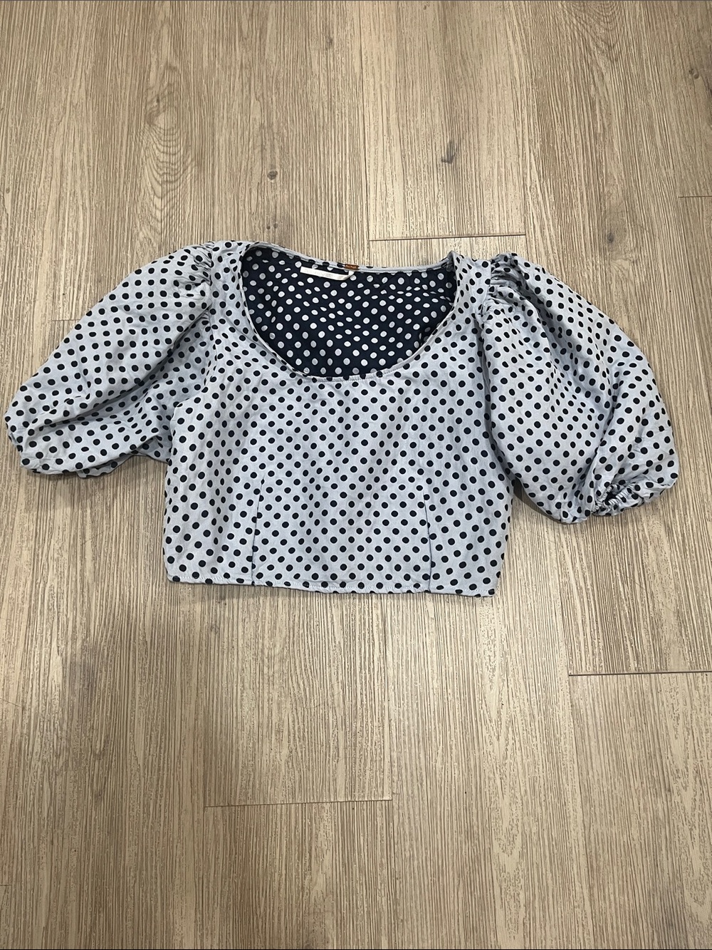 Free People Light Blue and Black Polka Dot Puff Sleeve Crop Top